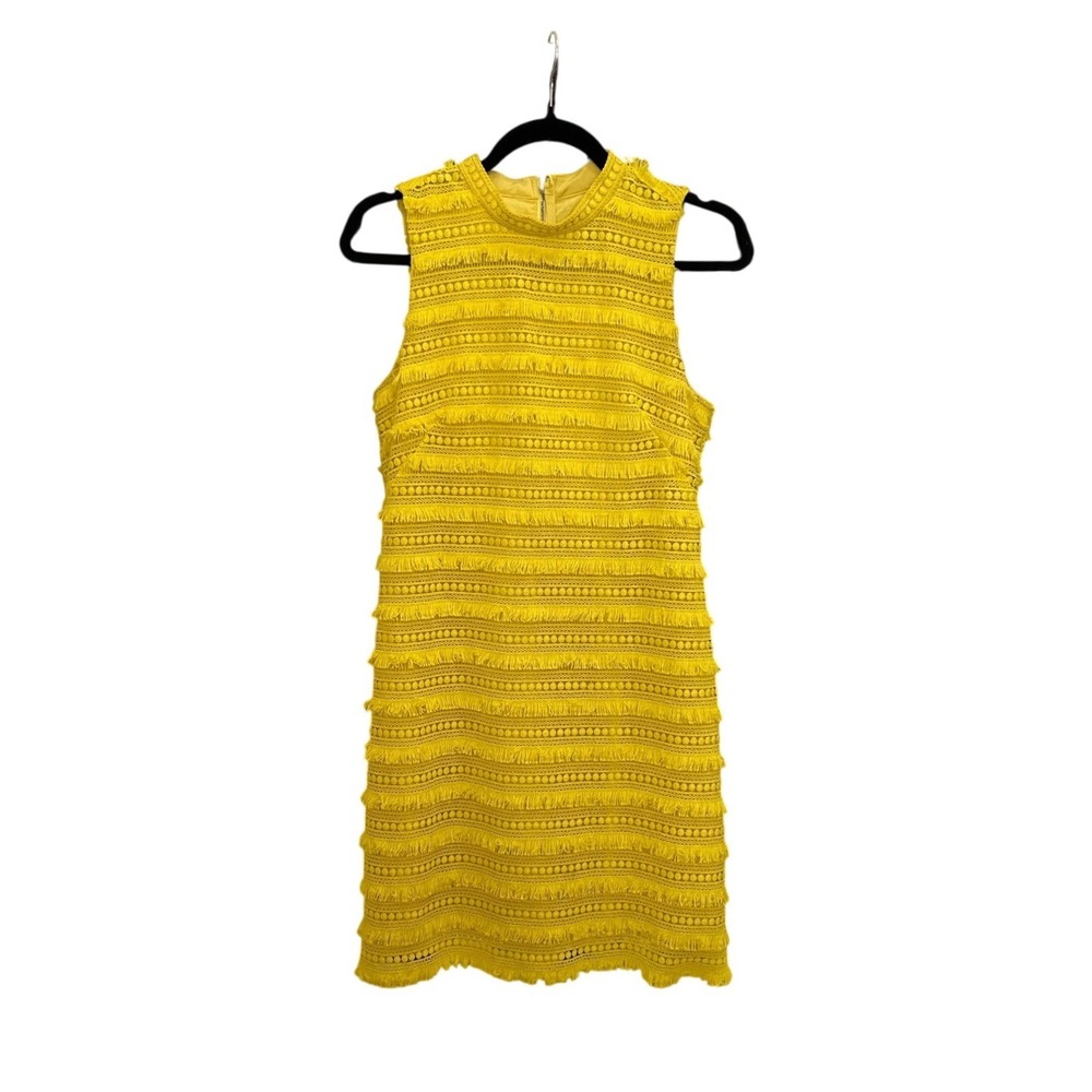 J.Crew Citron Yellow Fringe Eyelet Lace Sleeveless Shift Dress High Neck Size 4